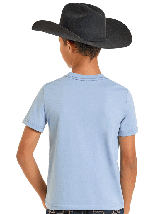 Child wearing a light blue t-shirt and black cowboy hat on a white background back view.If you need any assistance with this item or the purchase of this item please call us at five six one seven four eight eight eight zero one Monday through Saturday 10:00a.m EST to 8:00 p.m EST
