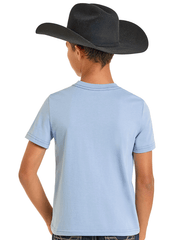 Child wearing a light blue t-shirt and black cowboy hat on a white background back view.If you need any assistance with this item or the purchase of this item please call us at five six one seven four eight eight eight zero one Monday through Saturday 10:00a.m EST to 8:00 p.m EST
