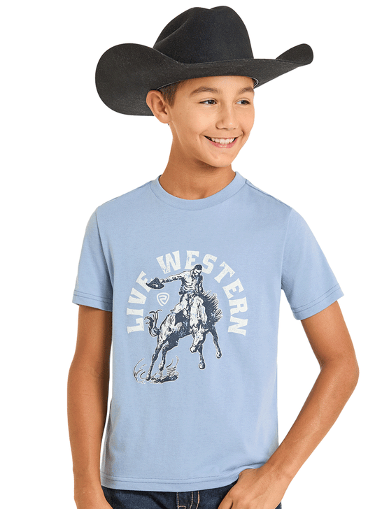 Child wearing a light blue t-shirt with a cowboy graphic and 'Live Western' text, with a black cowboy hat front view. If you need any assistance with this item or the purchase of this item please call us at five six one seven four eight eight eight zero one Monday through Saturday 10:00a.m EST to 8:00 p.m EST
