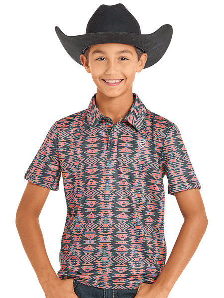 Rock & Roll Denim BB51T07274 Kids Aztec Tiger Polo Black front view. If you need any assistance with this item or the purchase of this item please call us at five six one seven four eight eight eight zero one Monday through Saturday 10:00a.m EST to 8:00 p.m EST