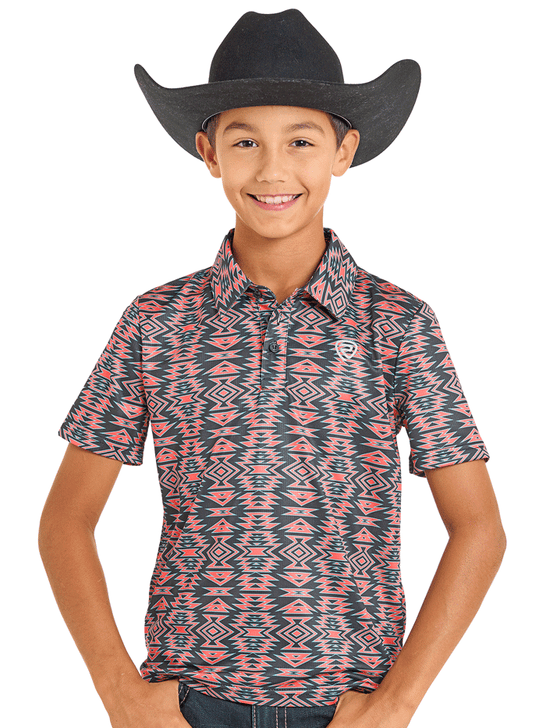 Rock & Roll Denim BB51T07274 Kids Aztec Tiger Polo Black front view. If you need any assistance with this item or the purchase of this item please call us at five six one seven four eight eight eight zero one Monday through Saturday 10:00a.m EST to 8:00 p.m EST