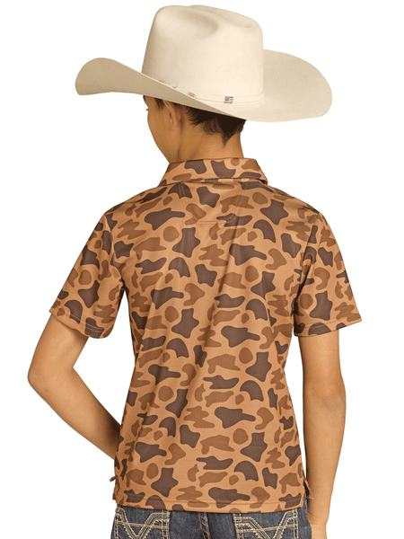 Rock & Roll Denim BB51T07687 Kids Camo Printed Polo Copper back view. If you need any assistance with this item or the purchase of this item please call us at five six one seven four eight eight eight zero one Monday through Saturday 10:00a.m EST to 8:00 p.m EST