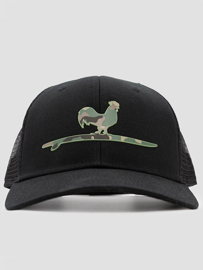 Beach & Barn SURFING ROOSTER CAMO Snapback Hat Solid Black Black front view. If you need any assistance with this item or the purchase of this item please call us at five six one seven four eight eight eight zero one Monday through Saturday 10:00a.m EST to 8:00 p.m EST