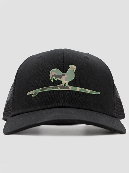 Beach & Barn SURFING ROOSTER CAMO Snapback Hat Solid Black Black front view. If you need any assistance with this item or the purchase of this item please call us at five six one seven four eight eight eight zero one Monday through Saturday 10:00a.m EST to 8:00 p.m EST