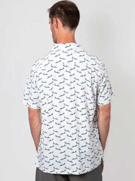 Beach & Barn FUN RUN Mens Short Sleeve Sport Shirt Natural Navy back view. If you need any assistance with this item or the purchase of this item please call us at five six one seven four eight eight eight zero one Monday through Saturday 10:00a.m EST to 8:00 p.m EST