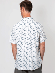 Beach & Barn FUN RUN Mens Short Sleeve Sport Shirt Natural Navy back view. If you need any assistance with this item or the purchase of this item please call us at five six one seven four eight eight eight zero one Monday through Saturday 10:00a.m EST to 8:00 p.m EST