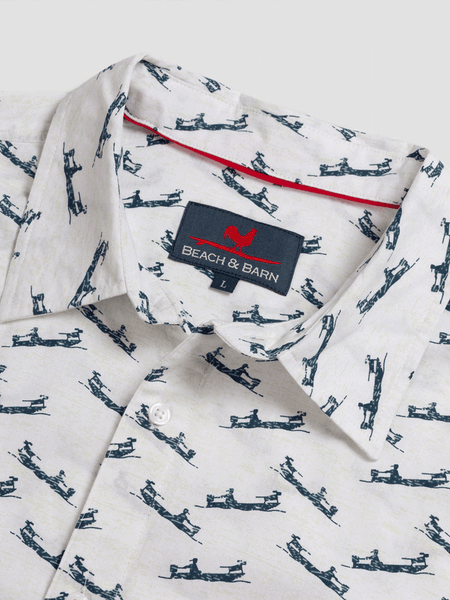 Beach & Barn FUN RUN Mens Short Sleeve Sport Shirt Natural Navy close up. If you need any assistance with this item or the purchase of this item please call us at five six one seven four eight eight eight zero one Monday through Saturday 10:00a.m EST to 8:00 p.m EST