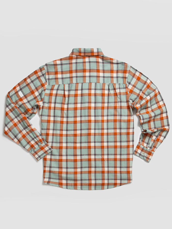 Beach and Barn UNDERTOW Woven Plaid Shirt Autumnal front view. If you need any assistance with this item or the purchase of this item please call us at five six one seven four eight eight eight zero one Monday through Saturday 10:00a.m EST to 8:00 p.m EST