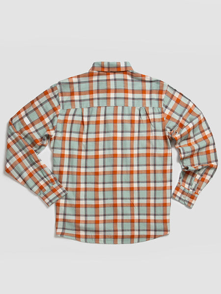 Beach and Barn UNDERTOW Woven Plaid Shirt Autumnal back view. If you need any assistance with this item or the purchase of this item please call us at five six one seven four eight eight eight zero one Monday through Saturday 10:00a.m EST to 8:00 p.m EST