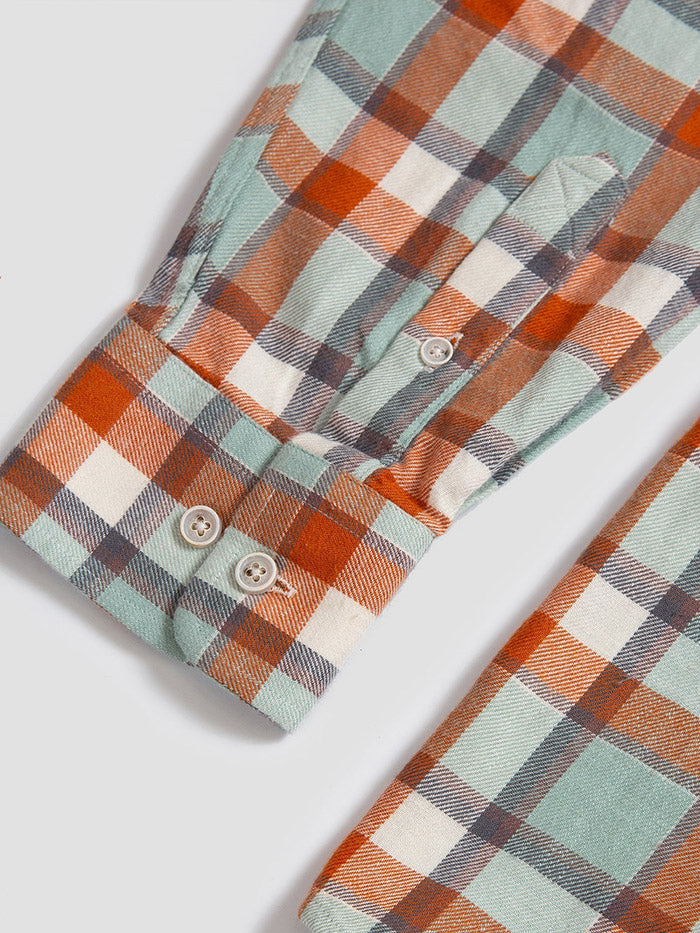 Beach and Barn UNDERTOW Woven Plaid Shirt Autumnal front view. If you need any assistance with this item or the purchase of this item please call us at five six one seven four eight eight eight zero one Monday through Saturday 10:00a.m EST to 8:00 p.m EST