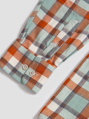 Beach and Barn UNDERTOW Woven Plaid Shirt Autumnal close up. If you need any assistance with this item or the purchase of this item please call us at five six one seven four eight eight eight zero one Monday through Saturday 10:00a.m EST to 8:00 p.m EST