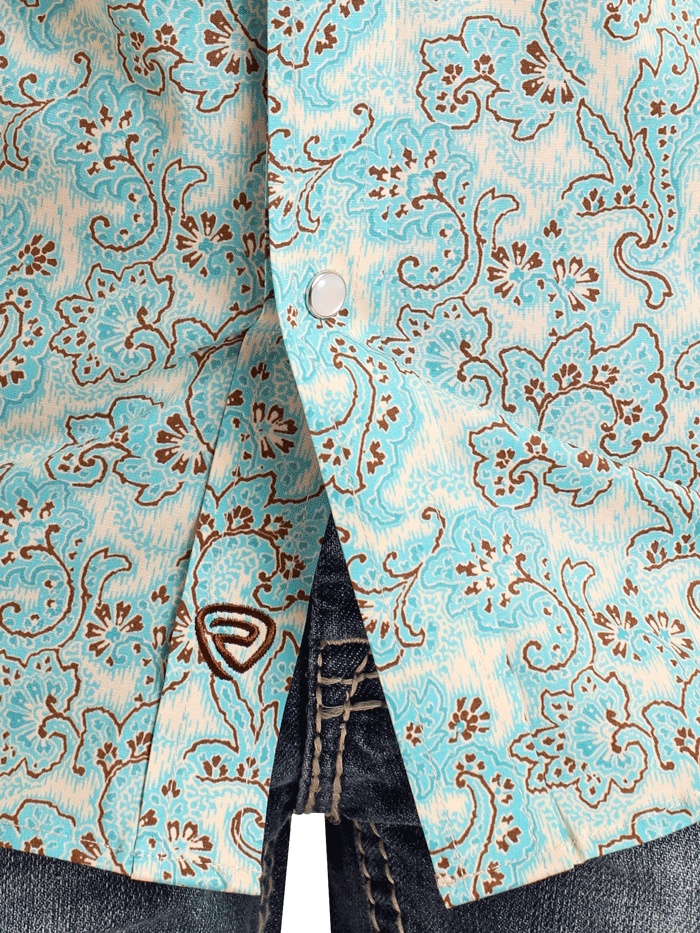 Rock & Roll Denim BBN3S05850 Kids Short Sleeve Paisley Print Western Shirt Turquoise front view. If you need any assistance with this item or the purchase of this item please call us at five six one seven four eight eight eight zero one Monday through Saturday 10:00a.m EST to 8:00 p.m EST