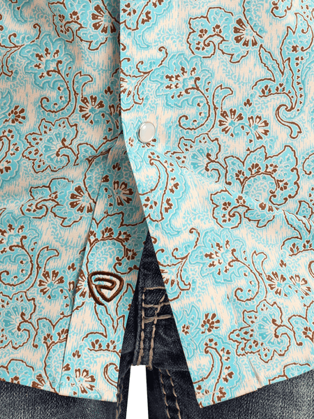 Rock & Roll Denim BBN3S05850 Kids Short Sleeve Paisley Print Western Shirt Turquoise fabric close up. If you need any assistance with this item or the purchase of this item please call us at five six one seven four eight eight eight zero one Monday through Saturday 10:00a.m EST to 8:00 p.m EST