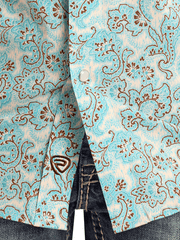 Rock & Roll Denim BBN3S05850 Kids Short Sleeve Paisley Print Western Shirt Turquoise fabric close up. If you need any assistance with this item or the purchase of this item please call us at five six one seven four eight eight eight zero one Monday through Saturday 10:00a.m EST to 8:00 p.m EST