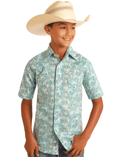 Rock & Roll Denim BBN3S05850 Kids Short Sleeve Paisley Print Western Shirt Turquoise front view. If you need any assistance with this item or the purchase of this item please call us at five six one seven four eight eight eight zero one Monday through Saturday 10:00a.m EST to 8:00 p.m EST