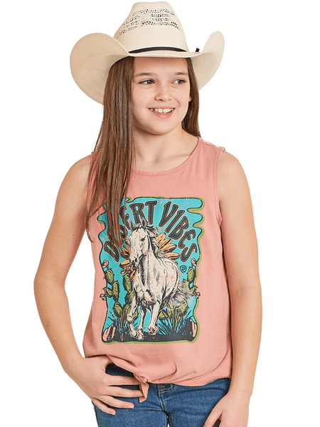 Rock & Roll Denim BG20T08548 Girls Graphic Tank With Tie Apricot front view. If you need any assistance with this item or the purchase of this item please call us at five six one seven four eight eight eight zero one Monday through Saturday 10:00a.m EST to 8:00 p.m EST
