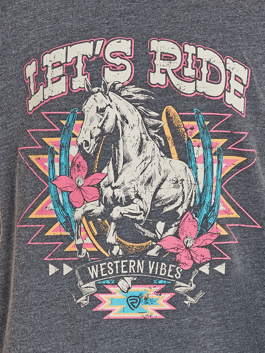 Rock & Roll Denim BG21T08545 Girls Short Sleeve Graphic Tee Black close up. If you need any assistance with this item or the purchase of this item please call us at five six one seven four eight eight eight zero one Monday through Saturday 10:00a.m EST to 8:00 p.m EST