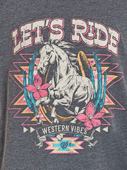 Rock & Roll Denim BG21T08545 Girls Short Sleeve Graphic Tee Black close up. If you need any assistance with this item or the purchase of this item please call us at five six one seven four eight eight eight zero one Monday through Saturday 10:00a.m EST to 8:00 p.m EST