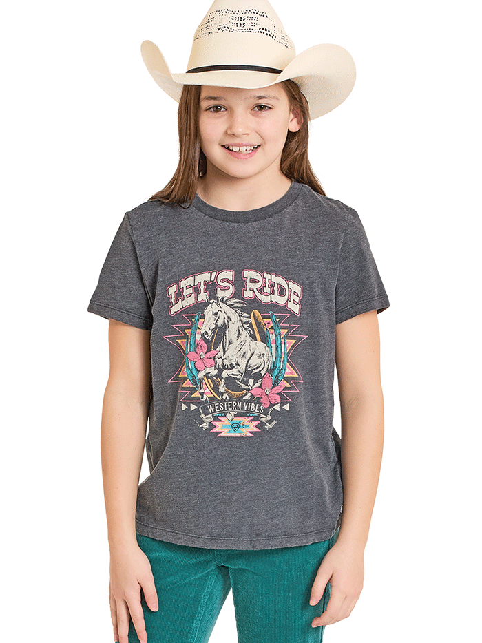 Rock & Roll Denim BG21T08545 Girls Short Sleeve Graphic Tee Black front view. If you need any assistance with this item or the purchase of this item please call us at five six one seven four eight eight eight zero one Monday through Saturday 10:00a.m EST to 8:00 p.m EST 