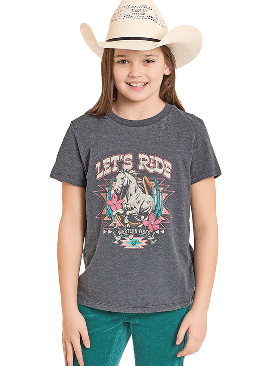 Rock & Roll Denim BG21T08545 Girls Short Sleeve Graphic Tee Black front view. If you need any assistance with this item or the purchase of this item please call us at five six one seven four eight eight eight zero one Monday through Saturday 10:00a.m EST to 8:00 p.m EST 