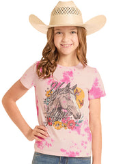Rock & Roll Denim BG21T09152 Girls Tie Die Graphic Tee Fuchsia front view. If you need any assistance with this item or the purchase of this item please call us at five six one seven four eight eight eight zero one Monday through Saturday 10:00a.m EST to 8:00 p.m EST