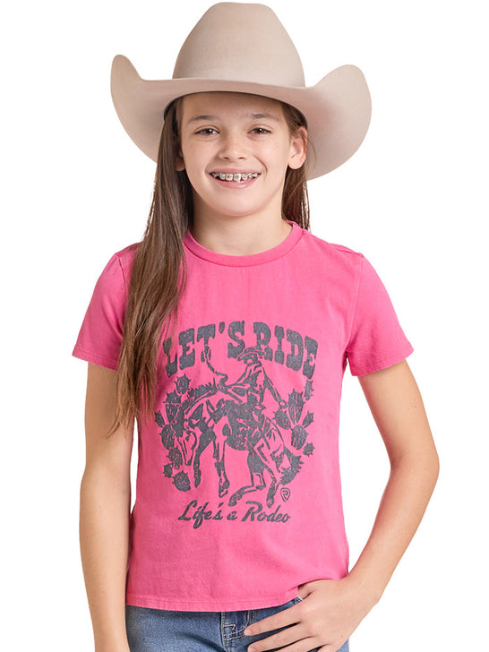 Rock & Roll Denim BG21T09787 Girls Graphic Tee Hot Pink front view. If you need any assistance with this item or the purchase of this item please call us at five six one seven four eight eight eight zero one Monday through Saturday 10:00a.m EST to 8:00 p.m EST