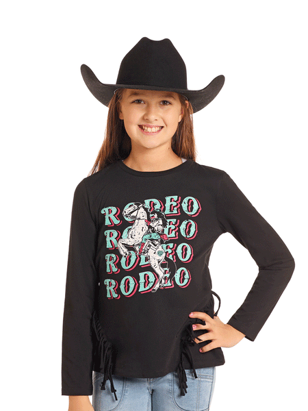 Rock & Roll Denim BG22T04984 Kids Long Sleeve Graphic Tee With Fringe Black front view. If you need any assistance with this item or the purchase of this item please call us at five six one seven four eight eight eight zero one Monday through Saturday 10:00a.m EST to 8:00 p.m EST