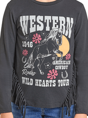 Rock & Roll Denim BG22T07429 Kids Long Sleeve Graphic Tee With Fringe Black close up. If you need any assistance with this item or the purchase of this item please call us at five six one seven four eight eight eight zero one Monday through Saturday 10:00a.m EST to 8:00 p.m EST
