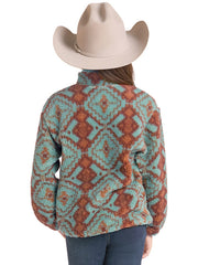 A person shown from the back wearing a sherpa fleece jacket with a turquoise and rust geometric pattern, a beige cowboy hat, and blue jeans against a white background. If you need any assistance with this item or the purchase of this item please call us at five six one seven four eight eight eight zero one Monday through Saturday 10:00a.m EST to 8:00 p.m EST