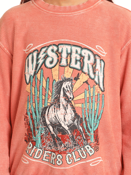 Rock & Roll Denim BG91T04986 Kids Graphic Pullover Coral graphic close up view. If you need any assistance with this item or the purchase of this item please call us at five six one seven four eight eight eight zero one Monday through Saturday 10:00a.m EST to 8:00 p.m EST