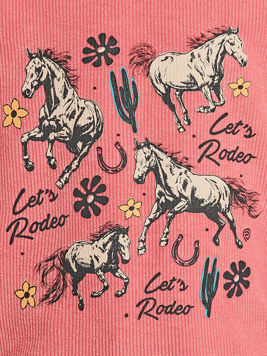 Rock & Roll Denim BG91T08550 Kids Graphic Pullover Coral Rose Mauve close up. If you need any assistance with this item or the purchase of this item please call us at five six one seven four eight eight eight zero one Monday through Saturday 10:00a.m EST to 8:00 p.m EST