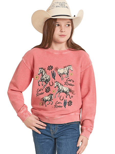 Rock & Roll Denim BG91T08550 Kids Graphic Pullover Coral Rose Mauve front view. If you need any assistance with this item or the purchase of this item please call us at five six one seven four eight eight eight zero one Monday through Saturday 10:00a.m EST to 8:00 p.m EST