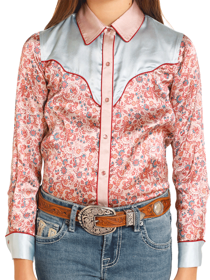 Rock & Roll Denim BGN2S04511 Kids Printed Satin Shirt Rose Mauve front view. If you need any assistance with this item or the purchase of this item please call us at five six one seven four eight eight eight zero one Monday through Saturday 10:00a.m EST to 8:00 p.m EST