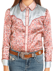 Rock & Roll Denim BGN2S04511 Kids Printed Satin Shirt Rose Mauve front close up view. If you need any assistance with this item or the purchase of this item please call us at five six one seven four eight eight eight zero one Monday through Saturday 10:00a.m EST to 8:00 p.m EST
