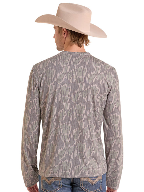 Rock & Roll Denim BM22T10203 Mens Camo Long Sleeve Pocket Tee Olive back view. If you need any assistance with this item or the purchase of this item please call us at five six one seven four eight eight eight zero one Monday through Saturday 10:00a.m EST to 8:00 p.m EST
