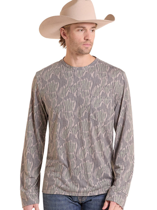 Rock & Roll Denim BM22T10203 Mens Camo Long Sleeve Pocket Tee Olive front view. If you need any assistance with this item or the purchase of this item please call us at five six one seven four eight eight eight zero one Monday through Saturday 10:00a.m EST to 8:00 p.m EST
