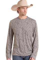 Rock & Roll Denim BM22T10203 Mens Camo Long Sleeve Pocket Tee Olive front view. If you need any assistance with this item or the purchase of this item please call us at five six one seven four eight eight eight zero one Monday through Saturday 10:00a.m EST to 8:00 p.m EST
