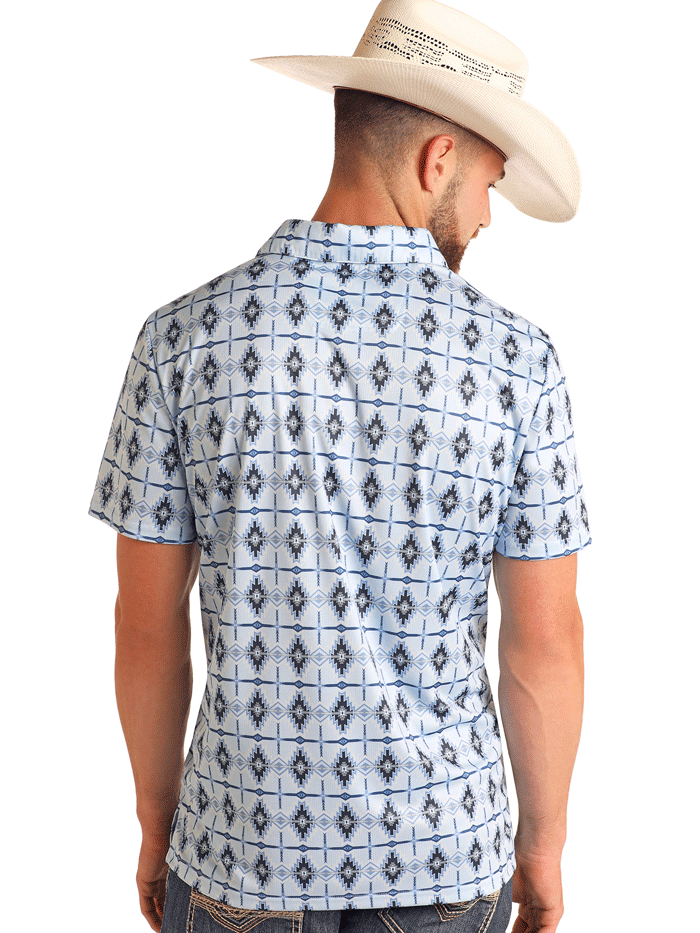 Rock & Roll Denim BM51T05992 Mens Aztec Printed Polo Baby Blue front view. If you need any assistance with this item or the purchase of this item please call us at five six one seven four eight eight eight zero one Monday through Saturday 10:00a.m EST to 8:00 p.m EST

