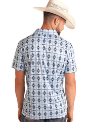 Rock & Roll Denim BM51T05992 Mens Aztec Printed Polo Baby Blue back view. If you need any assistance with this item or the purchase of this item please call us at five six one seven four eight eight eight zero one Monday through Saturday 10:00a.m EST to 8:00 p.m EST

