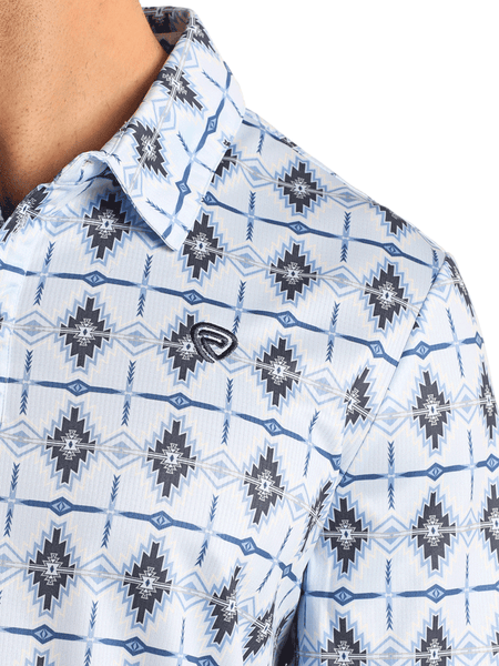 Rock & Roll Denim BM51T05992 Mens Aztec Printed Polo Baby Blue front close up. If you need any assistance with this item or the purchase of this item please call us at five six one seven four eight eight eight zero one Monday through Saturday 10:00a.m EST to 8:00 p.m EST

