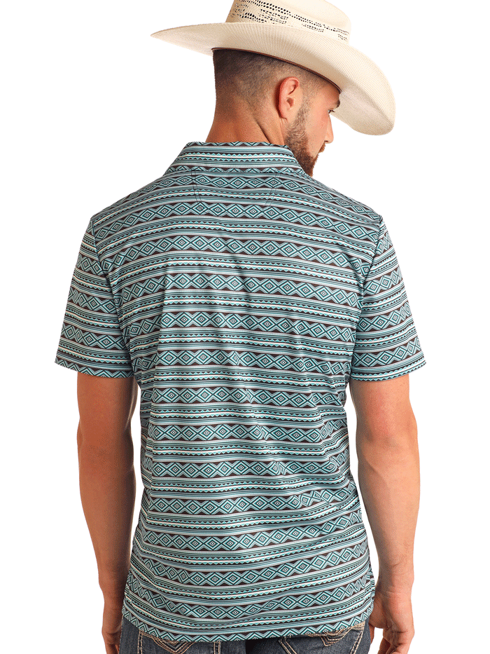 Rock & Roll Denim BM51T05993 Mens Aztec Printed Polo Teal front view. If you need any assistance with this item or the purchase of this item please call us at five six one seven four eight eight eight zero one Monday through Saturday 10:00a.m EST to 8:00 p.m EST