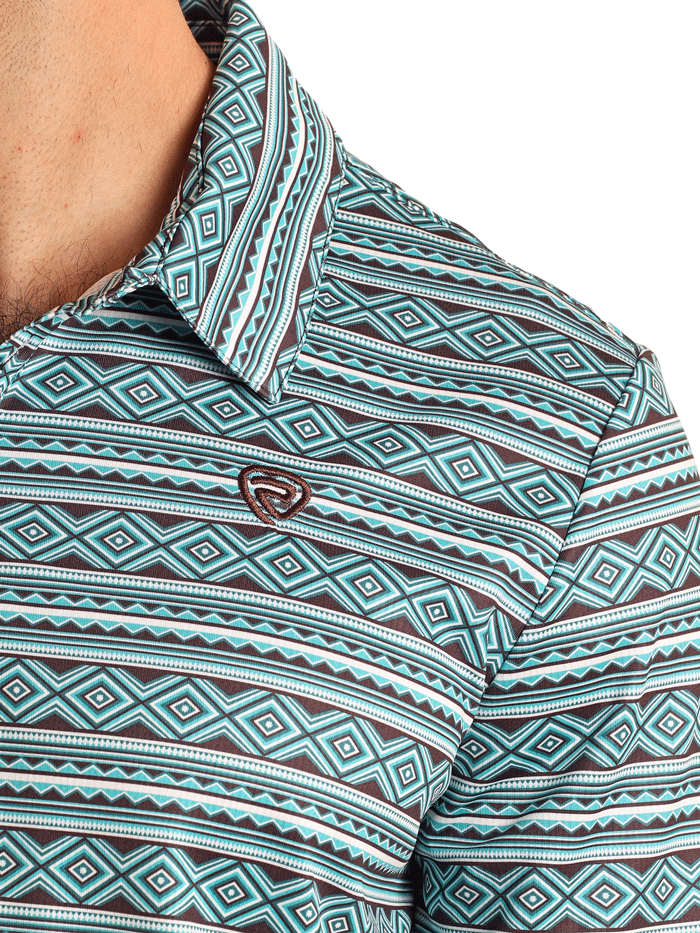 Rock & Roll Denim BM51T05993 Mens Aztec Printed Polo Teal front view. If you need any assistance with this item or the purchase of this item please call us at five six one seven four eight eight eight zero one Monday through Saturday 10:00a.m EST to 8:00 p.m EST