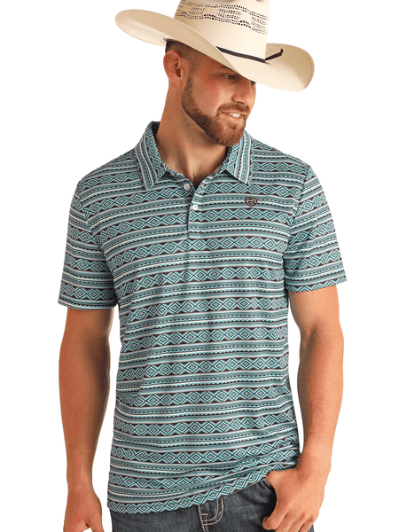 Rock & Roll Denim BM51T05993 Mens Aztec Printed Polo Teal front view. If you need any assistance with this item or the purchase of this item please call us at five six one seven four eight eight eight zero one Monday through Saturday 10:00a.m EST to 8:00 p.m EST