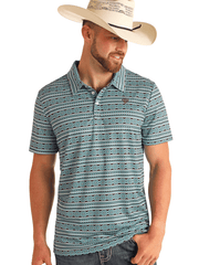 Rock & Roll Denim BM51T05993 Mens Aztec Printed Polo Teal front view. If you need any assistance with this item or the purchase of this item please call us at five six one seven four eight eight eight zero one Monday through Saturday 10:00a.m EST to 8:00 p.m EST