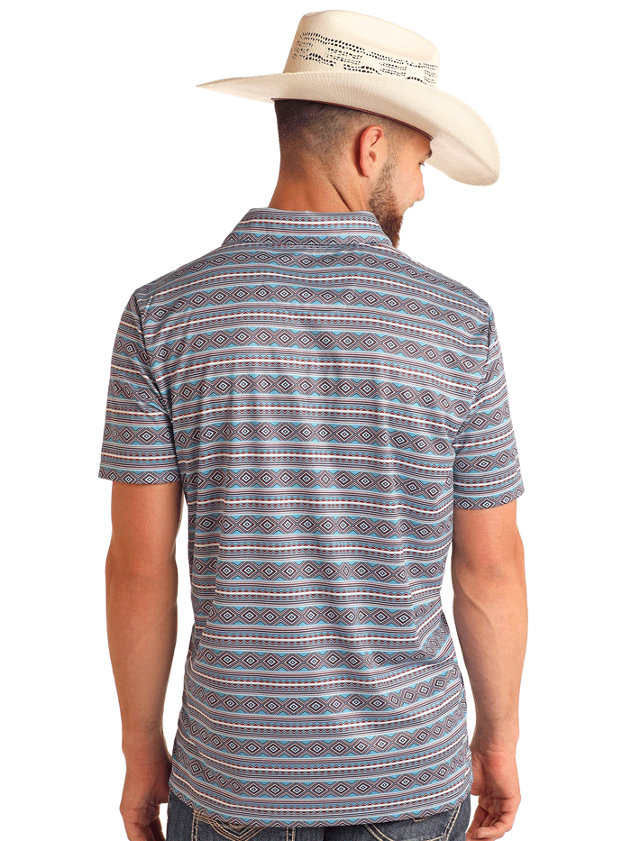 Rock & Roll Denim BM51T05995 Mens Aztec Printed Polo Blue front view. If you need any assistance with this item or the purchase of this item please call us at five six one seven four eight eight eight zero one Monday through Saturday 10:00a.m EST to 8:00 p.m EST

