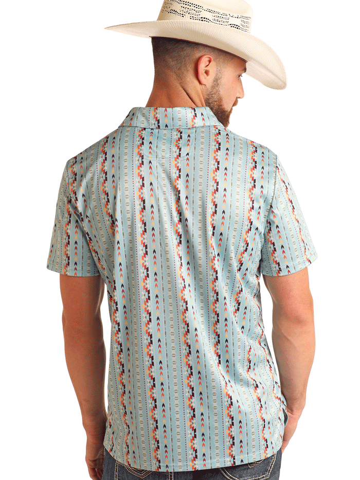 Rock & Roll Denim BM51T06005 Mens Aztec Printed Polo Sky Blue front view. If you need any assistance with this item or the purchase of this item please call us at five six one seven four eight eight eight zero one Monday through Saturday 10:00a.m EST to 8:00 p.m EST