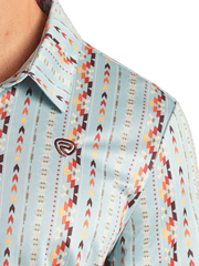 Rock & Roll Denim BM51T06005 Mens Aztec Printed Polo Sky Blue close up view of collar. If you need any assistance with this item or the purchase of this item please call us at five six one seven four eight eight eight zero one Monday through Saturday 10:00a.m EST to 8:00 p.m EST