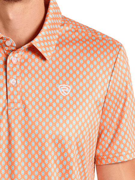 Rock & Roll Denim BM51T06614 Mens Geo Printed Polo Shirt Orange front close up. If you need any assistance with this item or the purchase of this item please call us at five six one seven four eight eight eight zero one Monday through Saturday 10:00a.m EST to 8:00 p.m EST