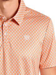 Rock & Roll Denim BM51T06614 Mens Geo Printed Polo Shirt Orange front close up. If you need any assistance with this item or the purchase of this item please call us at five six one seven four eight eight eight zero one Monday through Saturday 10:00a.m EST to 8:00 p.m EST