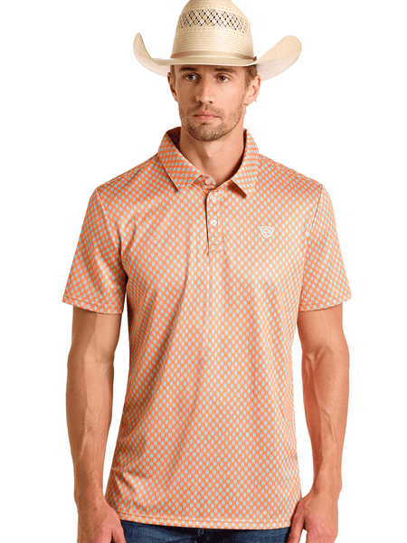 Rock & Roll Denim BM51T06614 Mens Geo Printed Polo Shirt Orange front view. If you need any assistance with this item or the purchase of this item please call us at five six one seven four eight eight eight zero one Monday through Saturday 10:00a.m EST to 8:00 p.m EST